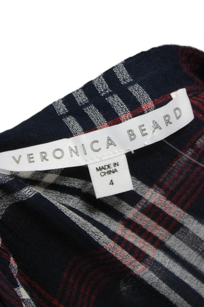 Veronica Beard Women Shirt Dress Blue Plaid V-Neck Long Sleeve Viscose Size 4