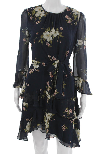 Joie Women Fit & Flare Silk Blue Knee Length Dress Longsleeve Round Neck Size 2