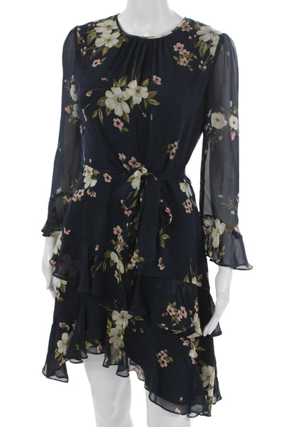 Joie Women Fit & Flare Silk Blue Knee Length Dress Longsleeve Round Neck Size 2
