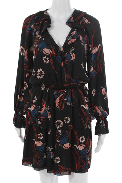 Joie Women Blouson Silk Black Floral VNeck Long Sleeve Knee Length Dress Size XS