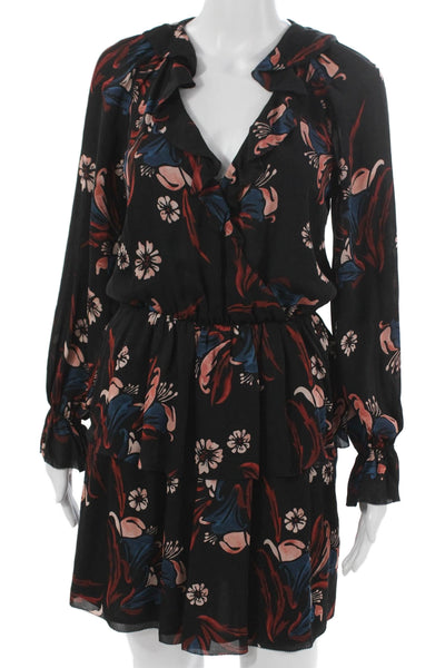 Joie Women Blouson Silk Black Floral VNeck Long Sleeve Knee Length Dress Size XS