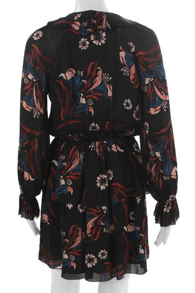 Joie Women Blouson Silk Black Floral VNeck Long Sleeve Knee Length Dress Size XS