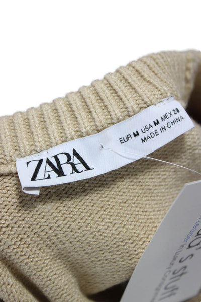Zara Womens Beige Cotton Crew Neck Pullover Sweater Short Sleeve Size M