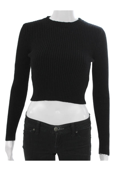 Zara Women Cropped Blouse Black Viscose High Neck Long Sleeve Pullover Size M