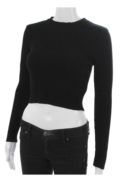 Zara Women Cropped Blouse Black Viscose High Neck Long Sleeve Pullover Size M