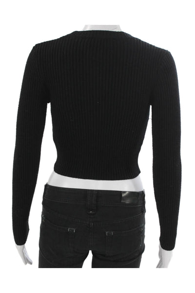 Zara Women Cropped Blouse Black Viscose High Neck Long Sleeve Pullover Size M