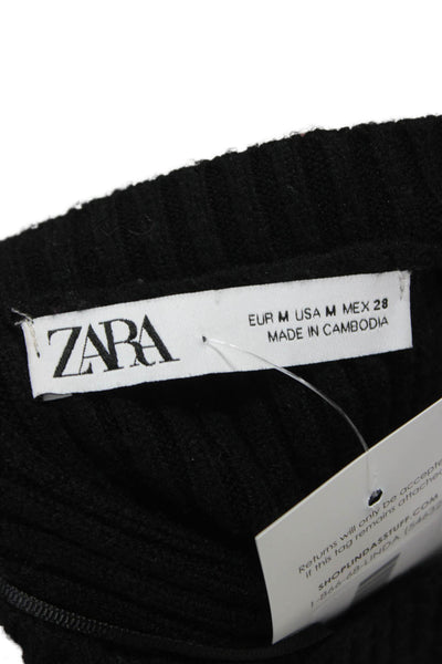 Zara Women Cropped Blouse Black Viscose High Neck Long Sleeve Pullover Size M