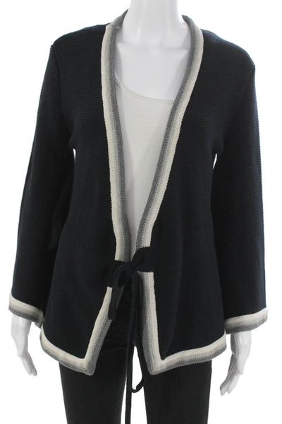525 America Women Black Striped V Neck Cotton Blend Cardigan Long Sleeve Size S