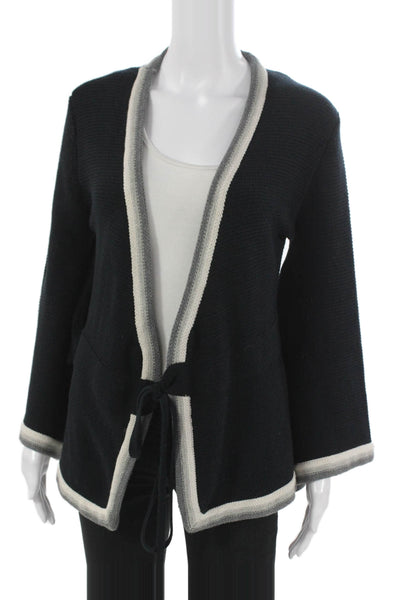 525 America Women Black Striped V Neck Cotton Blend Cardigan Long Sleeve Size S
