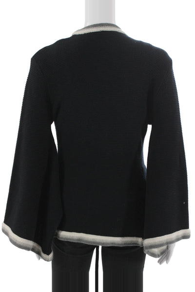 525 America Women Black Striped V Neck Cotton Blend Cardigan Long Sleeve Size S