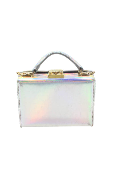 Mark Cross Womens Logo Pushlock Iridescent Top Handle Mini Grace Handbag Silver