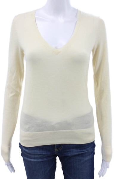 Theory Womens V-Neck Pullover Sweater Beige Wool Blend Long Sleeve Size S
