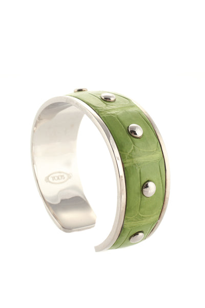 Tods Green Leather Silver Tone Hardware Studded Cuff Bracelet