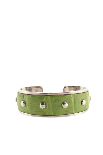 Tods Green Leather Silver Tone Hardware Studded Cuff Bracelet