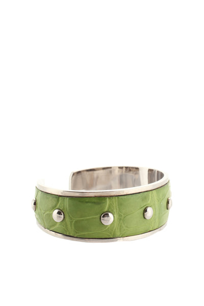 Tods Green Leather Silver Tone Hardware Studded Cuff Bracelet