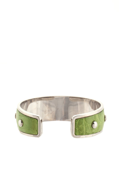 Tods Green Leather Silver Tone Hardware Studded Cuff Bracelet