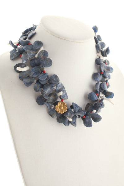 Joan Hornig 18KT Gold Blue Kyanite White Red Coral Beaded Petal Necklace