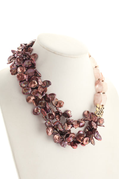 Joan Hornig 18KT Gold Pink Abalone Rose Quartz Beaded Multi Strand Necklace