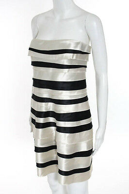 BCBGMAXAZRIA Petites Ivory Black Striped Strapless Tiered Dress Size 12 Petite