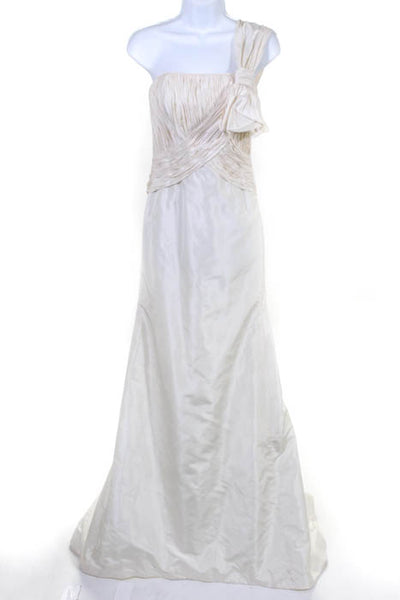 Rafael Cennamo White Couture  Ivory Silk One Shoulder Pleated Bow Bridal Gown Si