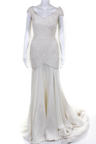 Rafael Cennamo White Couture  Ivory Silk Short Sleeve Pleated V-Neck Bridal Gown