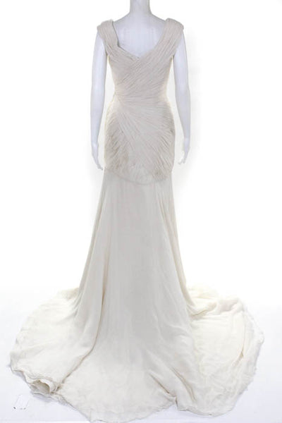 Rafael Cennamo White Couture Ivory Silk Sleeveless V-Neck Pleated Mermaid Bridal