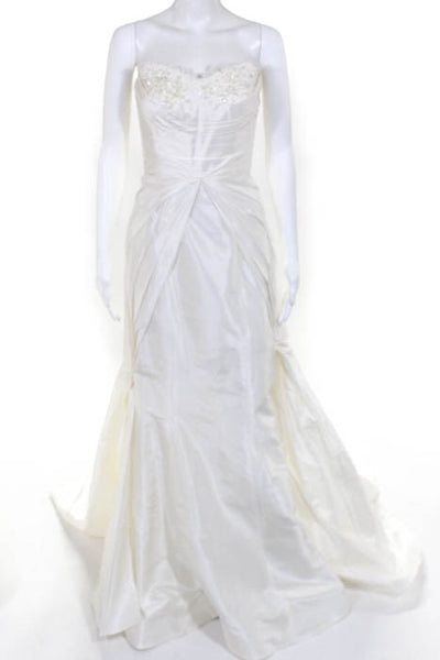 Rafael Cennamo White Couture  Ivory Silk Strapless Beaded Pleated Bridal Gown Si