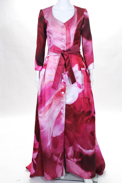 Carolina Herrera Pink Floral Printed Belted Button Front Long Sleeve Gown Size 4