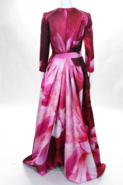 Carolina Herrera Pink Floral Printed Belted Button Front Long Sleeve Gown Size 4