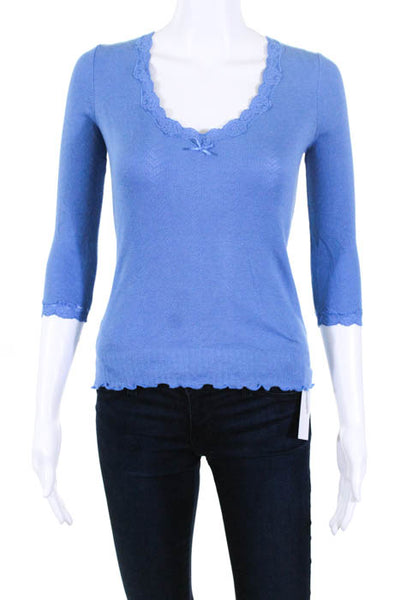 Sandro Light Blue Cotton Lace Tim V Neck Long Sleeve Blouse Size Small
