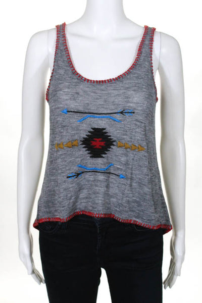As Is Gray Red Blue Scoop Neck Embroidered Tank Top Shirt Size Small New
