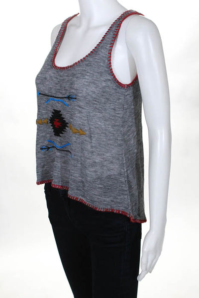 As Is Gray Red Blue Scoop Neck Embroidered Tank Top Shirt Size Small New