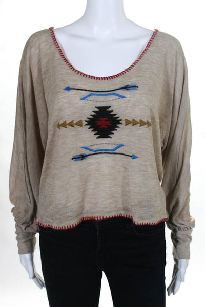As Is Beige Red Blue Scoop Neck Embroidered Cropped Sweater Top Size Medium New
