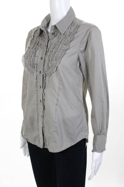 Whistles Gray Cotton Long Sleeve Ruffle Detail Button Down Shirt Size 8