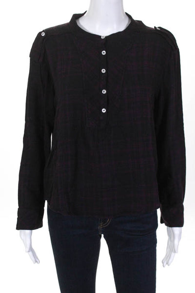 McGuire Black Plaid Long Sleeve Crew Neck Blouse Top Size Small
