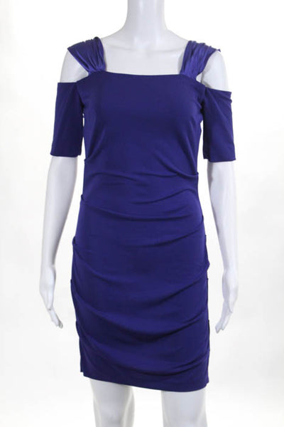 Nicole Miller Studio Purple Cold Shoulder Short Sleeve Ruched Dress Size Petite