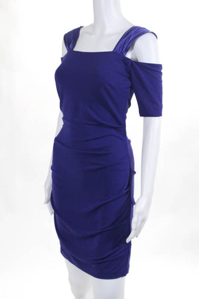 Nicole Miller Studio Purple Cold Shoulder Short Sleeve Ruched Dress Size Petite