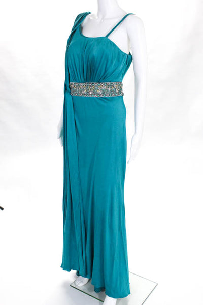 Gustavo Cadile Blue Silk Beaded Gem Trim Asymmetrical Neckline Gown Size 12