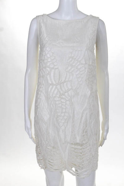 Fendi White Cotton Distressed Sleeveless Shift Dress Size 40