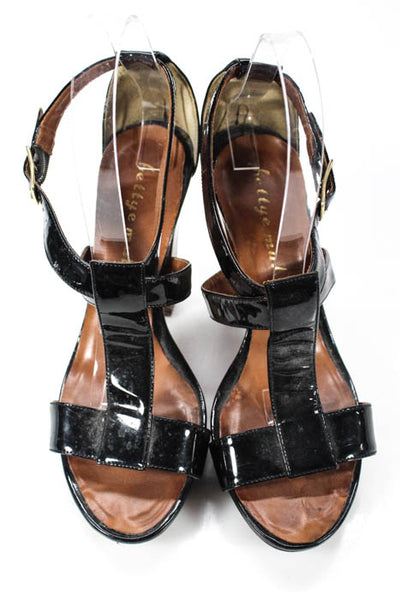 Bettye Muller Black Brown Patent Leather Open Toe Ankle Strap Heels 38.5 8.5