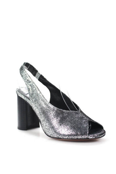 Lola Cruz Metallic Silver Leather Peep Toe Slingback Heels Size 37 7