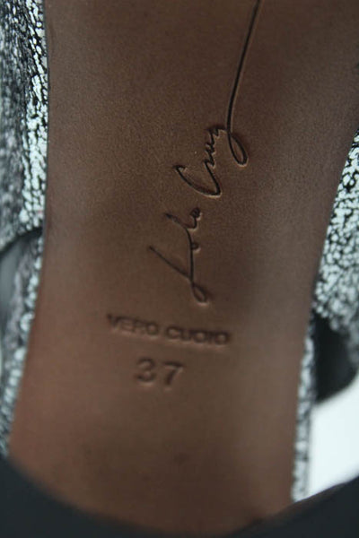 Lola Cruz Metallic Silver Leather Peep Toe Slingback Heels Size 37 7