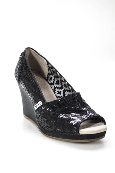 TOMS Black Sequined Upper Grosgrain Wedge Peep Toe Heeled Sandals Size 5.5