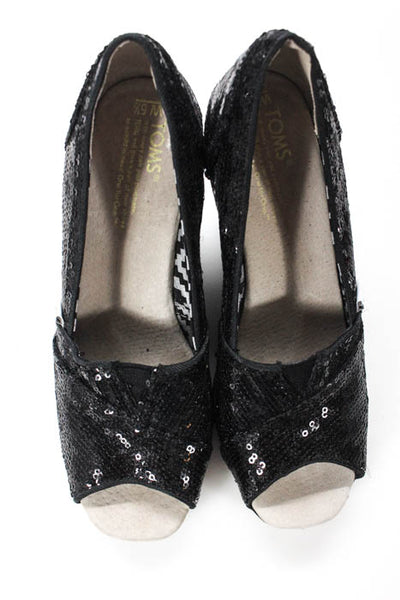 TOMS Black Sequined Upper Grosgrain Wedge Peep Toe Heeled Sandals Size 5.5