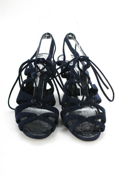 Manolo Blahnik Womens Sandals Size 6.5 Dark Blue Suede Strappy Lace Up Peep Toe