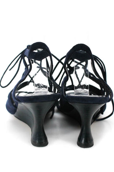 Manolo Blahnik Womens Sandals Size 6.5 Dark Blue Suede Strappy Lace Up Peep Toe