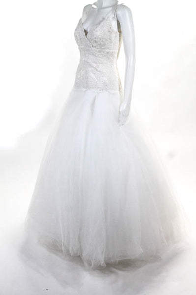 Monique Lhuillier Womens Wedding Dress Size 2 White Lace Full Length