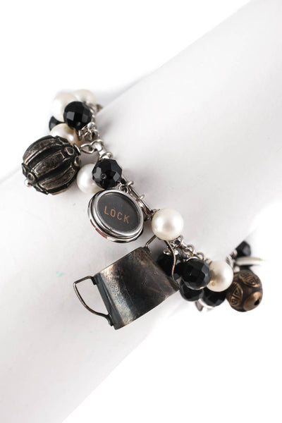 Designer Vintage Silver Pearl Beaded Charm Bracelet