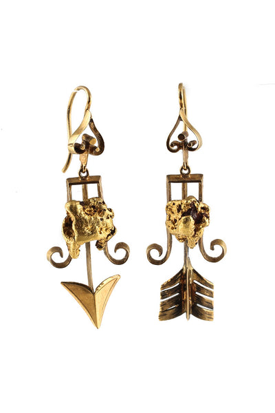 Designer Victorian Yellow Gold Arrow Dangle Earrings