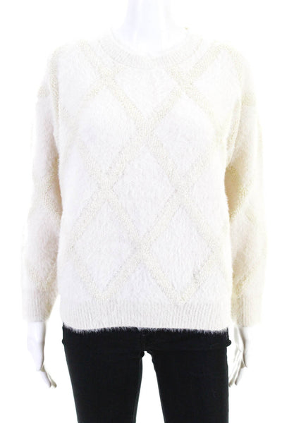 Raga Womens Fuzzy Crew Neck Casual Long Sleeve Sweater Top Ivory Size Medium